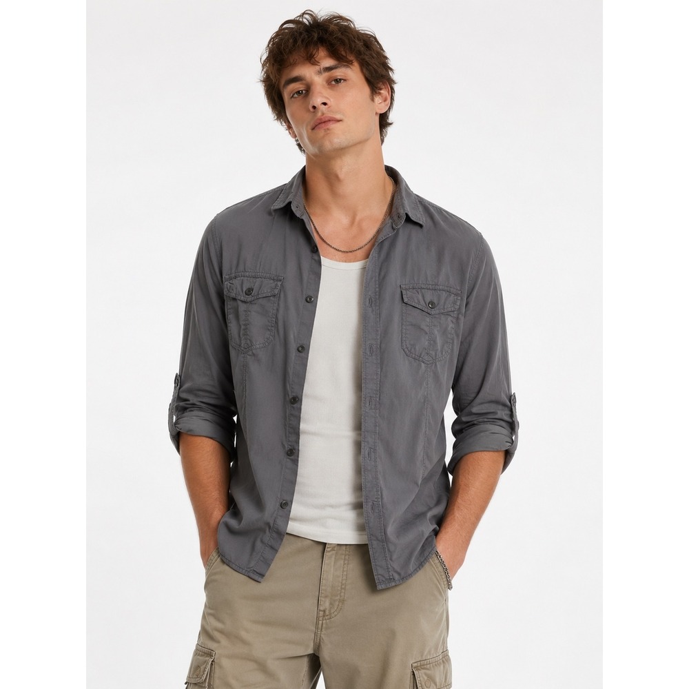 American Rag Button Down Shirt Mens Small Gray Snap Front Utility Workwear Top